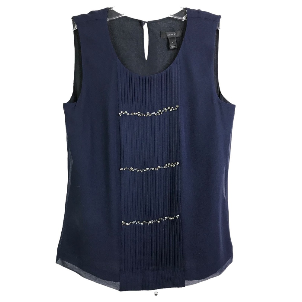 J. Crew Women's Blouse Crystal Embellished Sparkle Rhinestone Pleated Silk Top 0